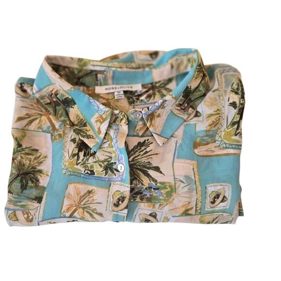 Rose and Olive Womens Tropical Print Short Sleeve Button Front Blouse Size 2X - Picture 7 of 12